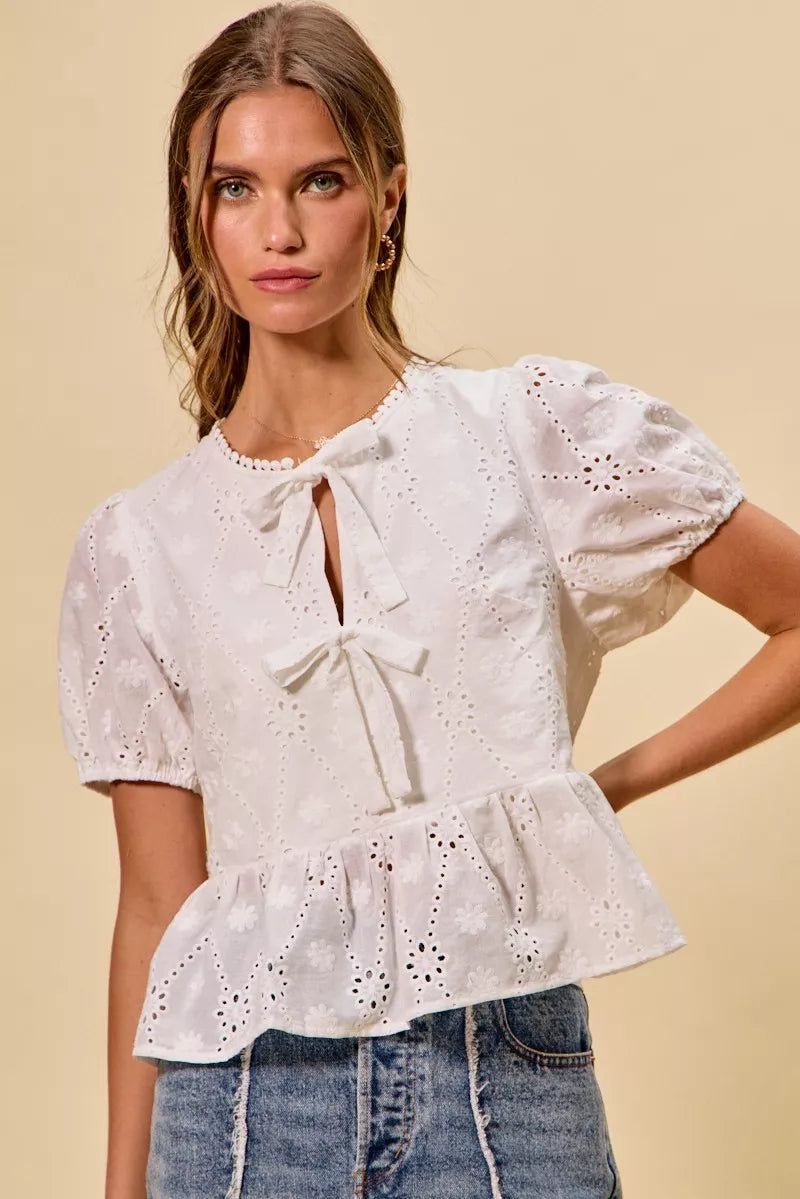 Eyelet Front Tie Blouse