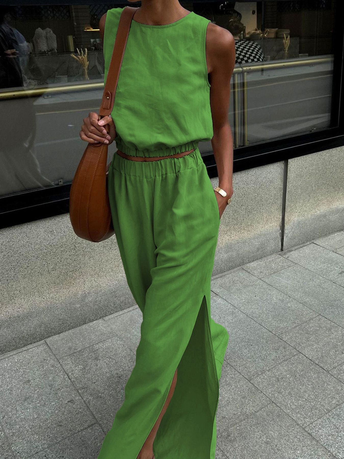 Hemp-blend Crop Top and Side Slit Pants Set