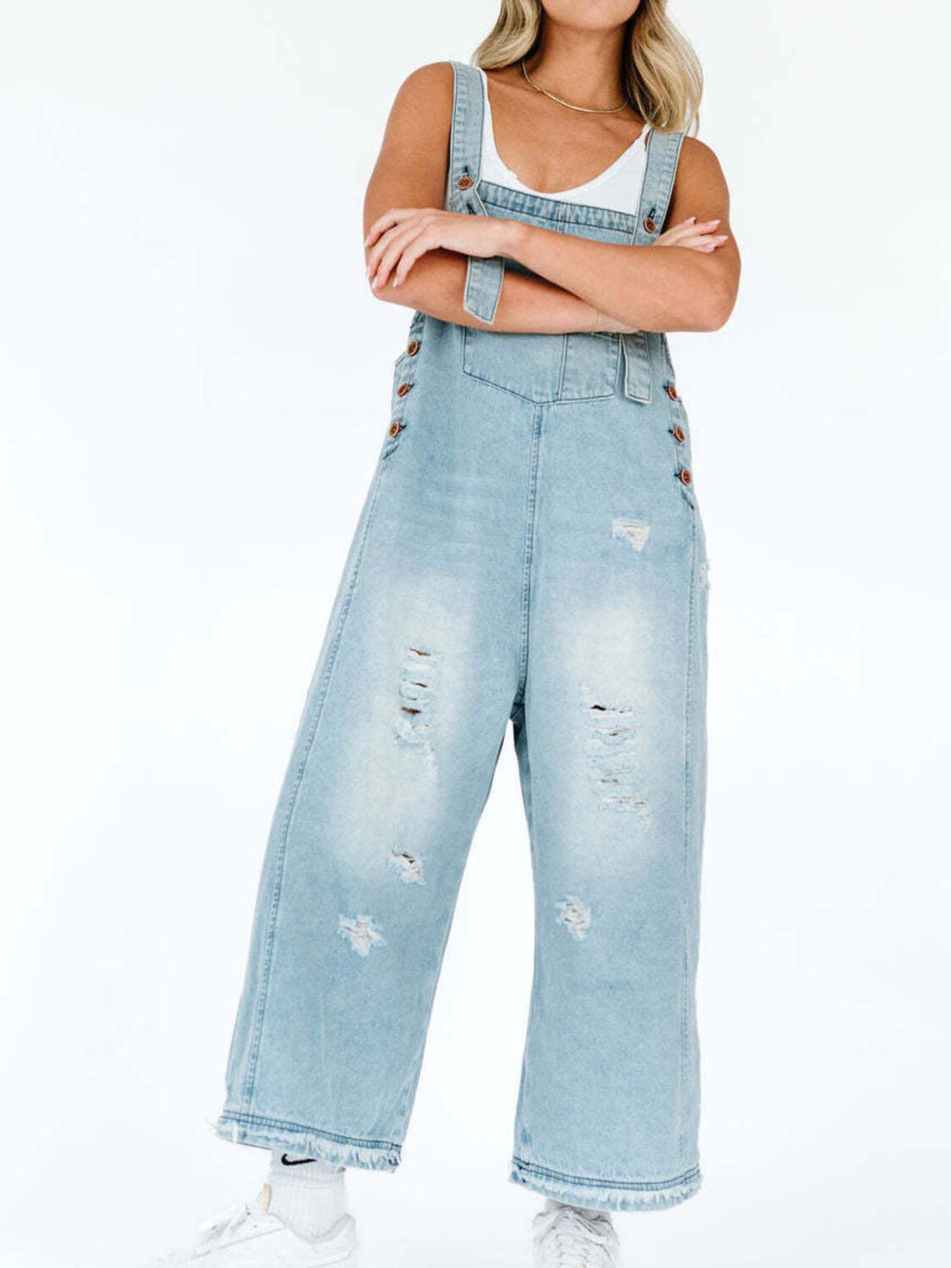 Distressed Wide Leg Denim Overalls - Detail View 19
