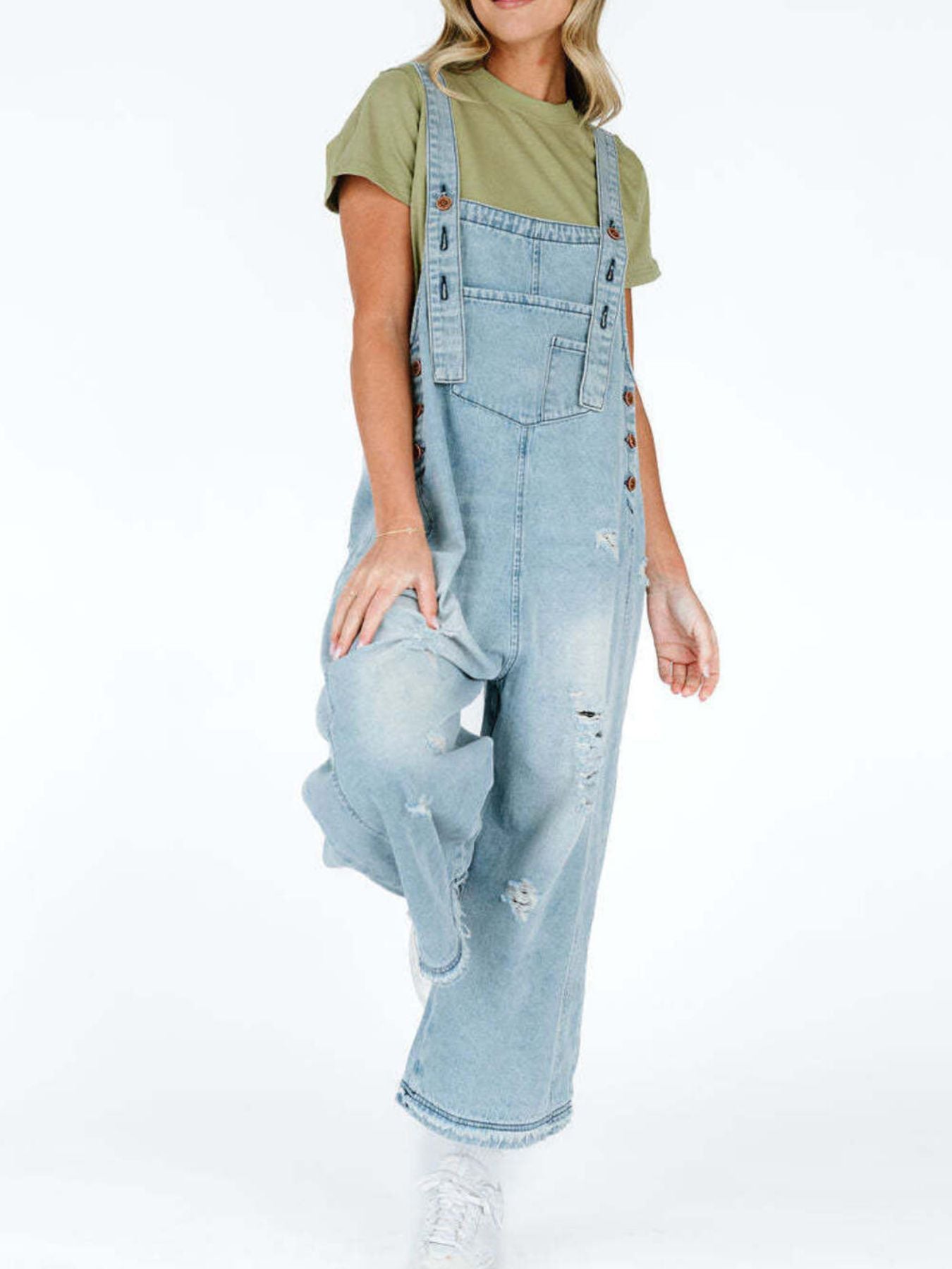 Distressed Wide Leg Denim Overalls - Detail View 18