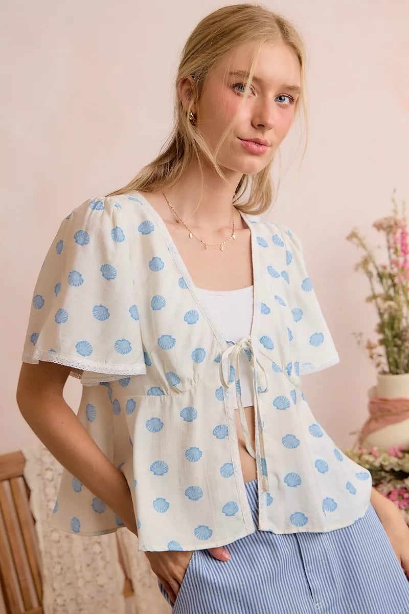 Shell Print Tie-Front Blouse