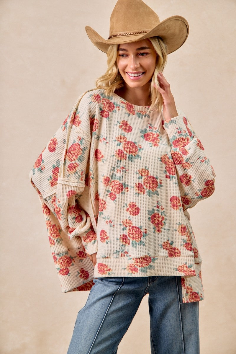 Floral Print Exposed Seam Waffle Knit Top