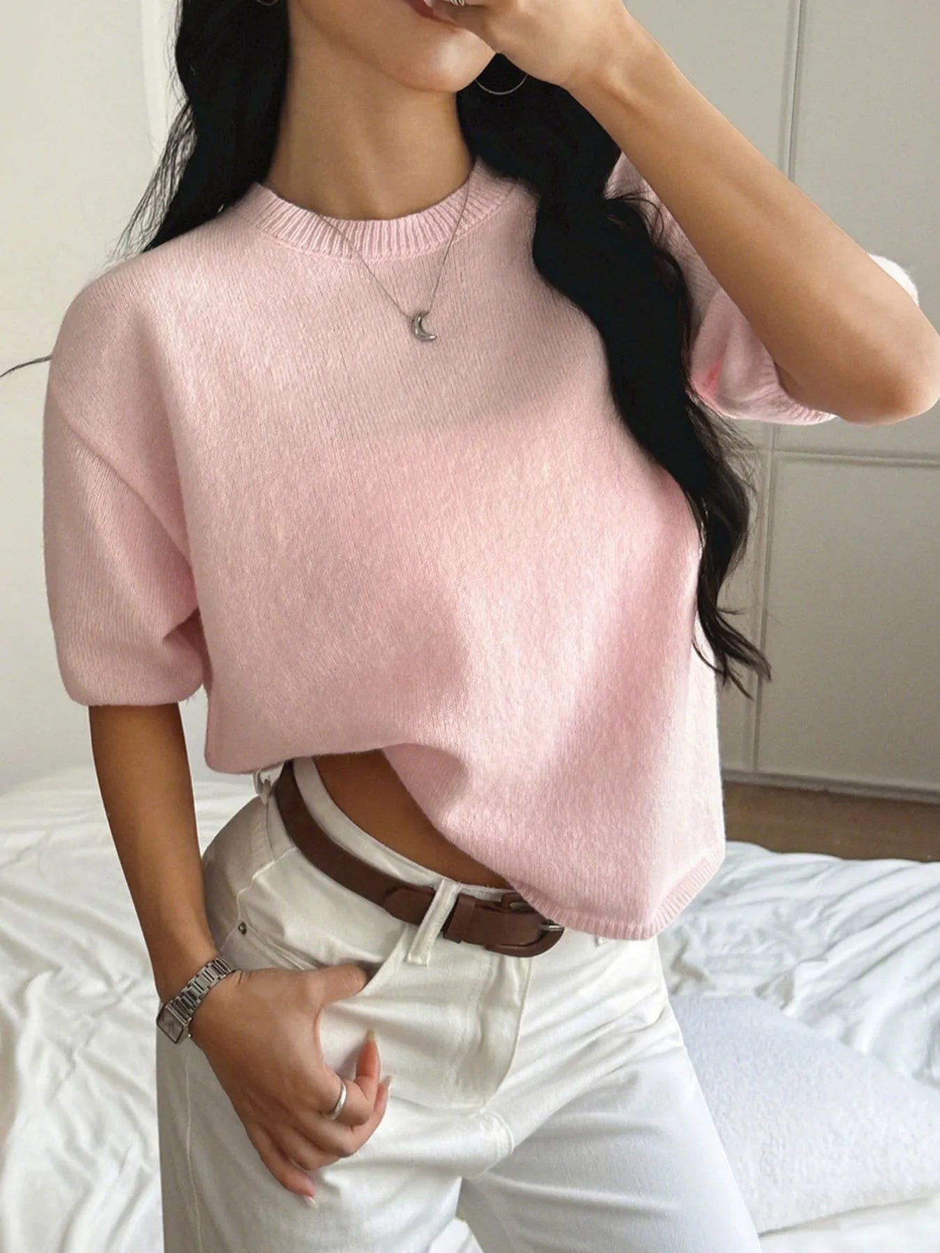 Ribbed Hem Round Neck Sweater - Detail View 6