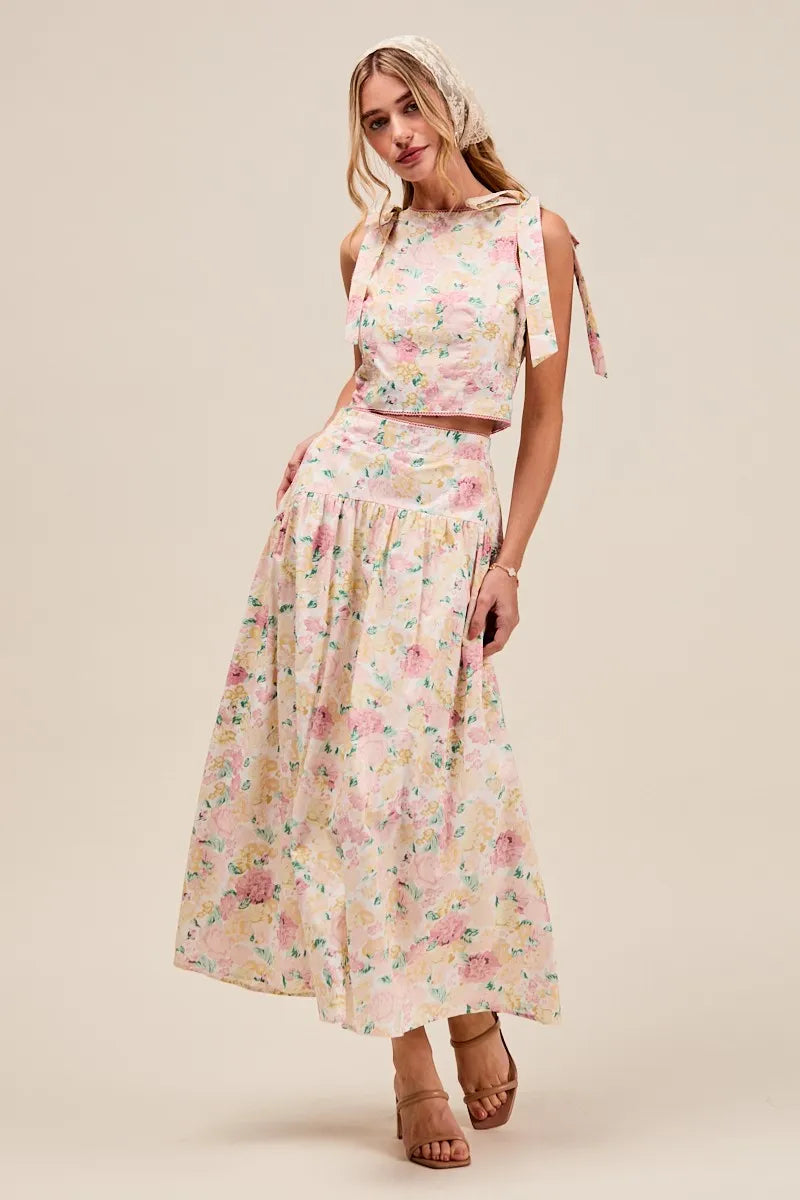 Floral Printed Shoulder Tie Top and Skirt Set