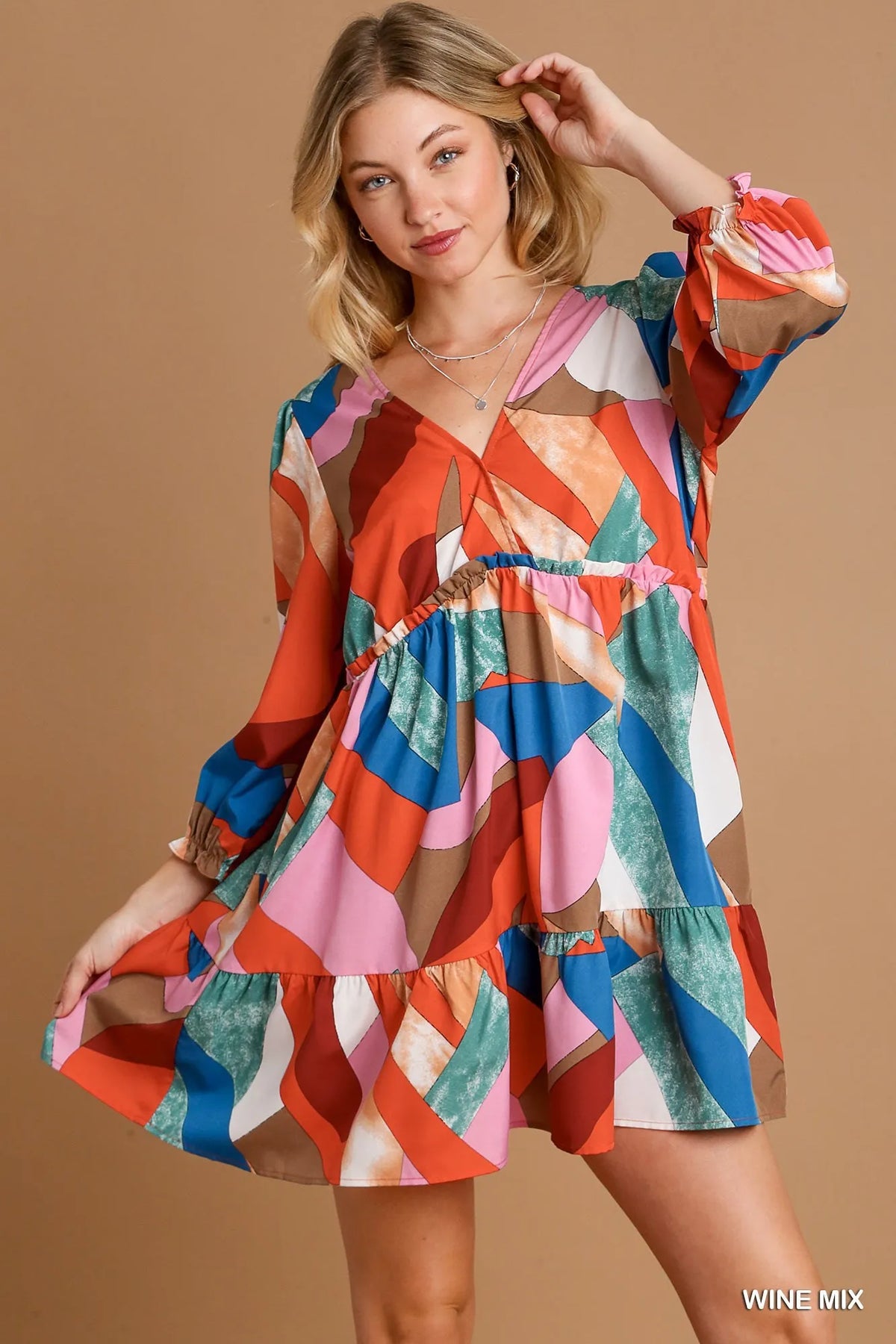 Abstract V-Neck Tiered Printed Dress - Back View