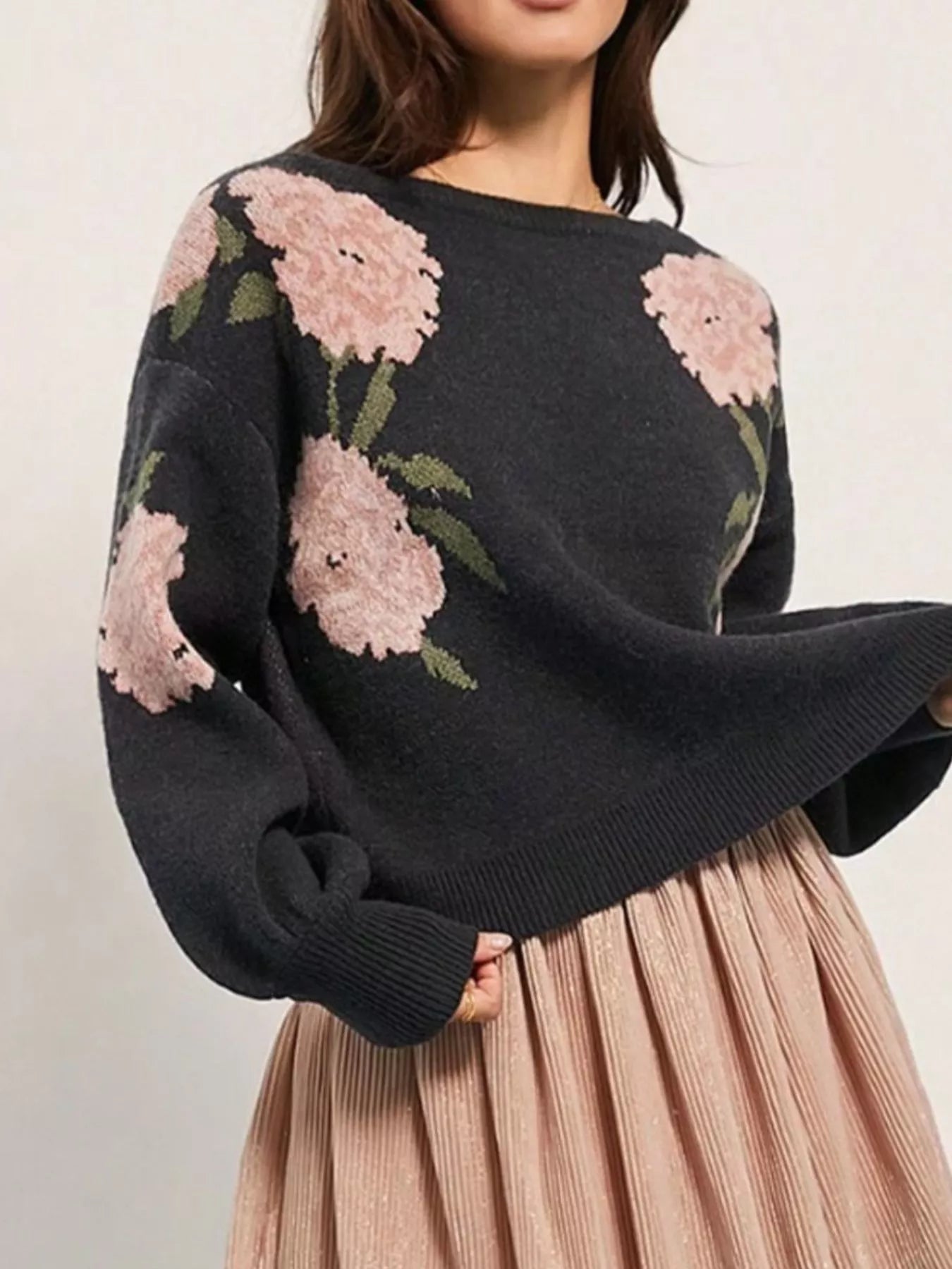 Floral Print Boat Neck Sweater