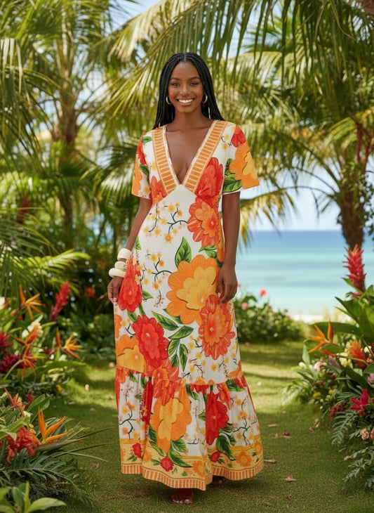 Mandarin Bloom V-Neck Maxi Dress