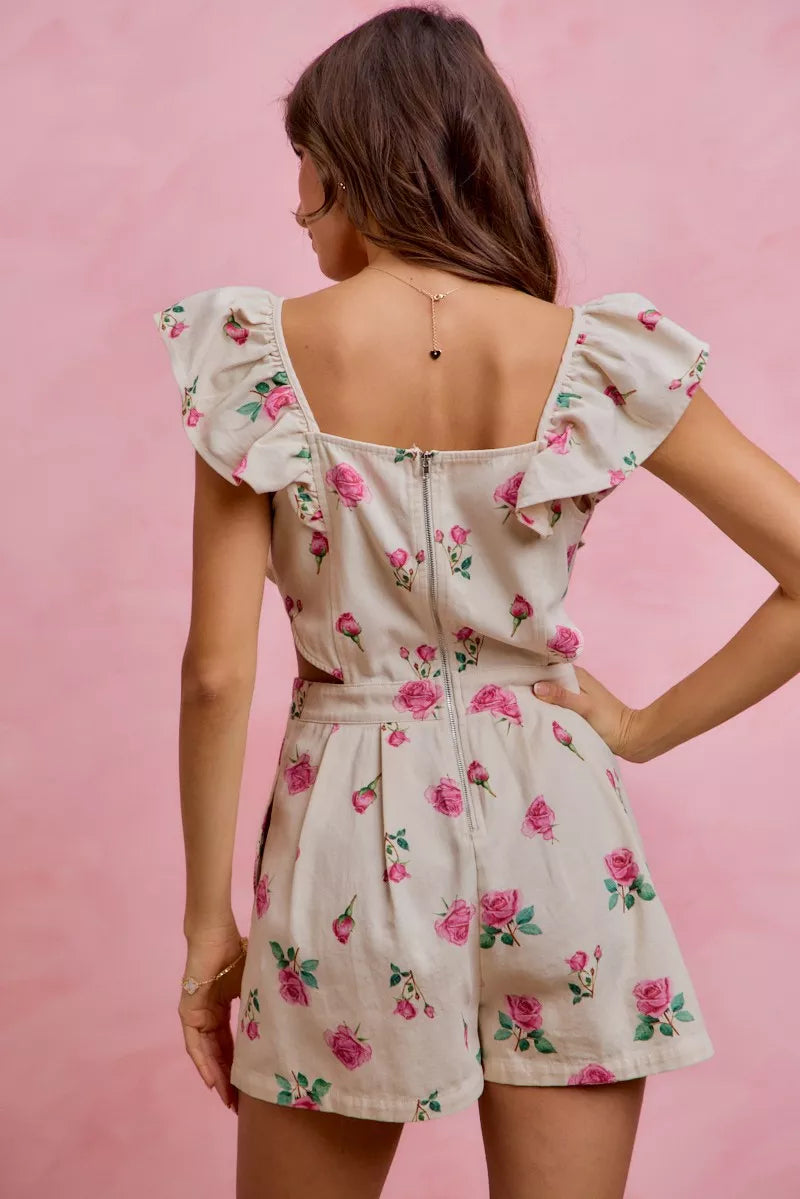 Floral Print Denim Ruffled Romper
