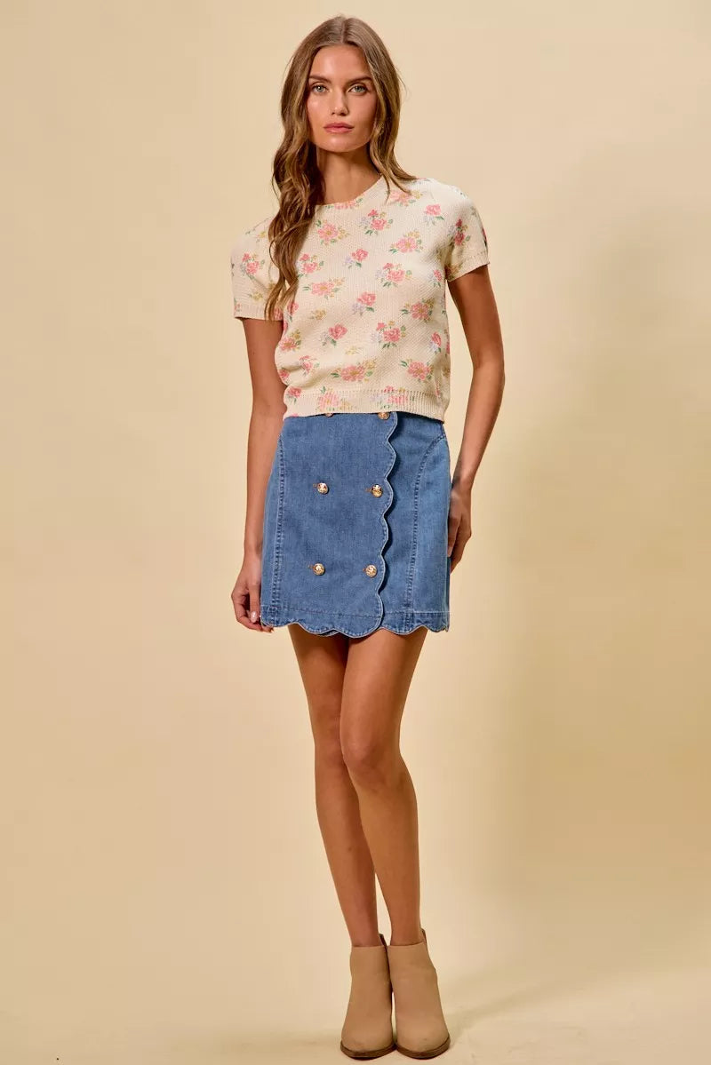 Denim Scalloped Buttoned Front Skirt