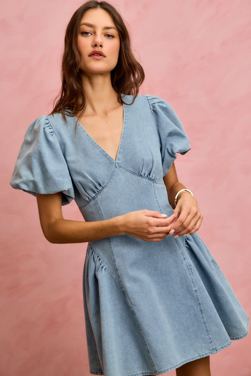 Puff Sleeves Fit-and-Flare Denim Mini Dress