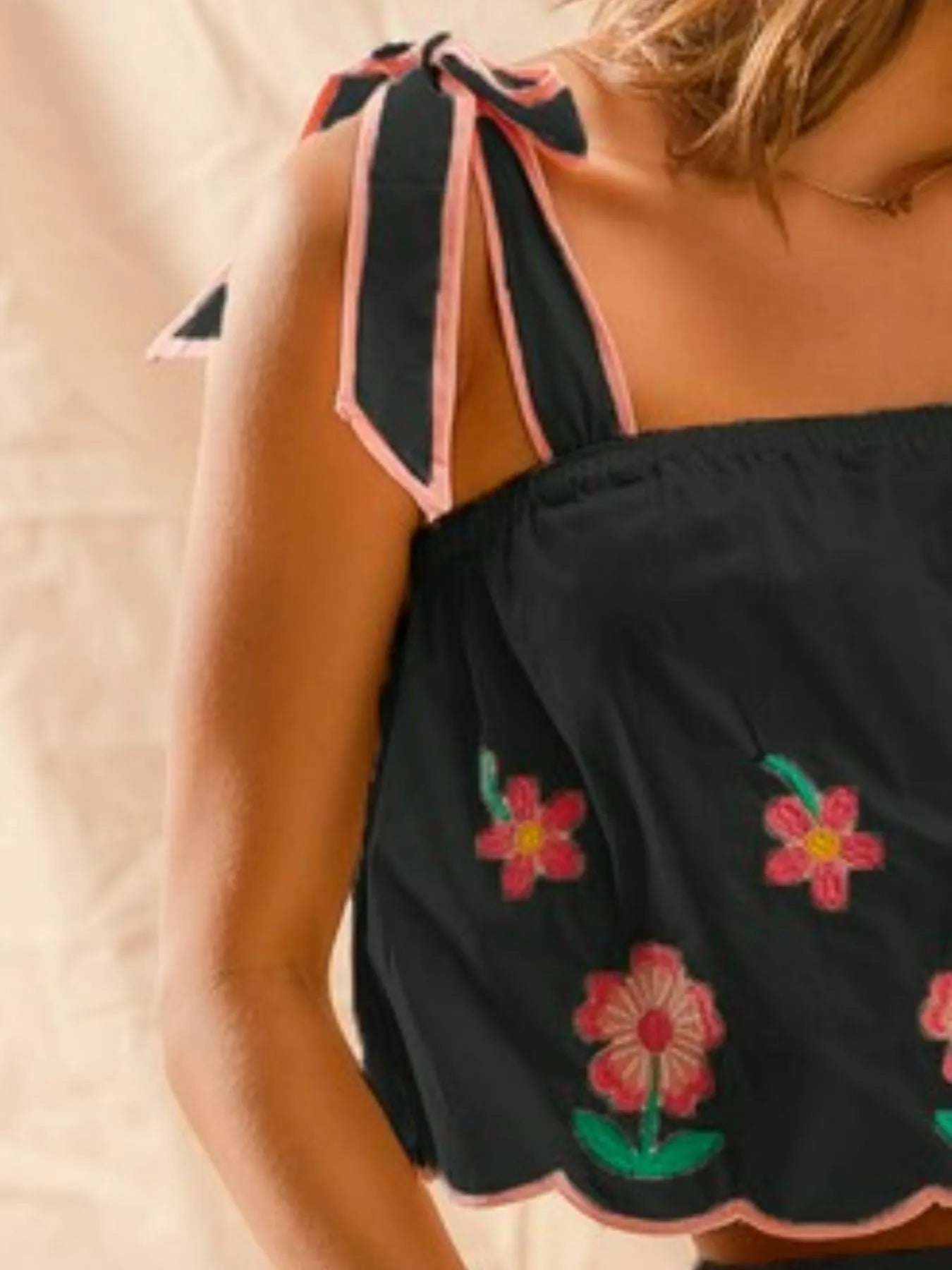 Flower Embroidered Tank Top and Shorts Set