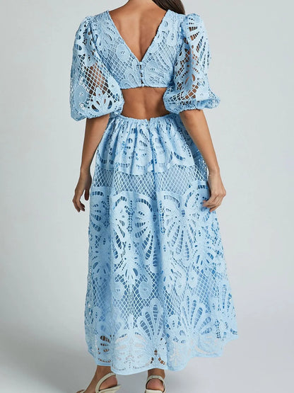 Cutout Back Lace Crochet V-Neck Dress - Detail View 10