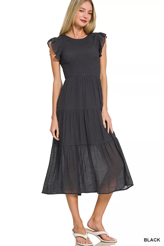 Smocked Ruffle Sleeve Midi Dress - Front View