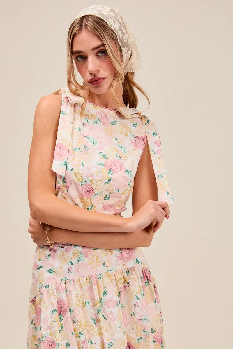 Floral Printed Shoulder Tie Top and Skirt Set