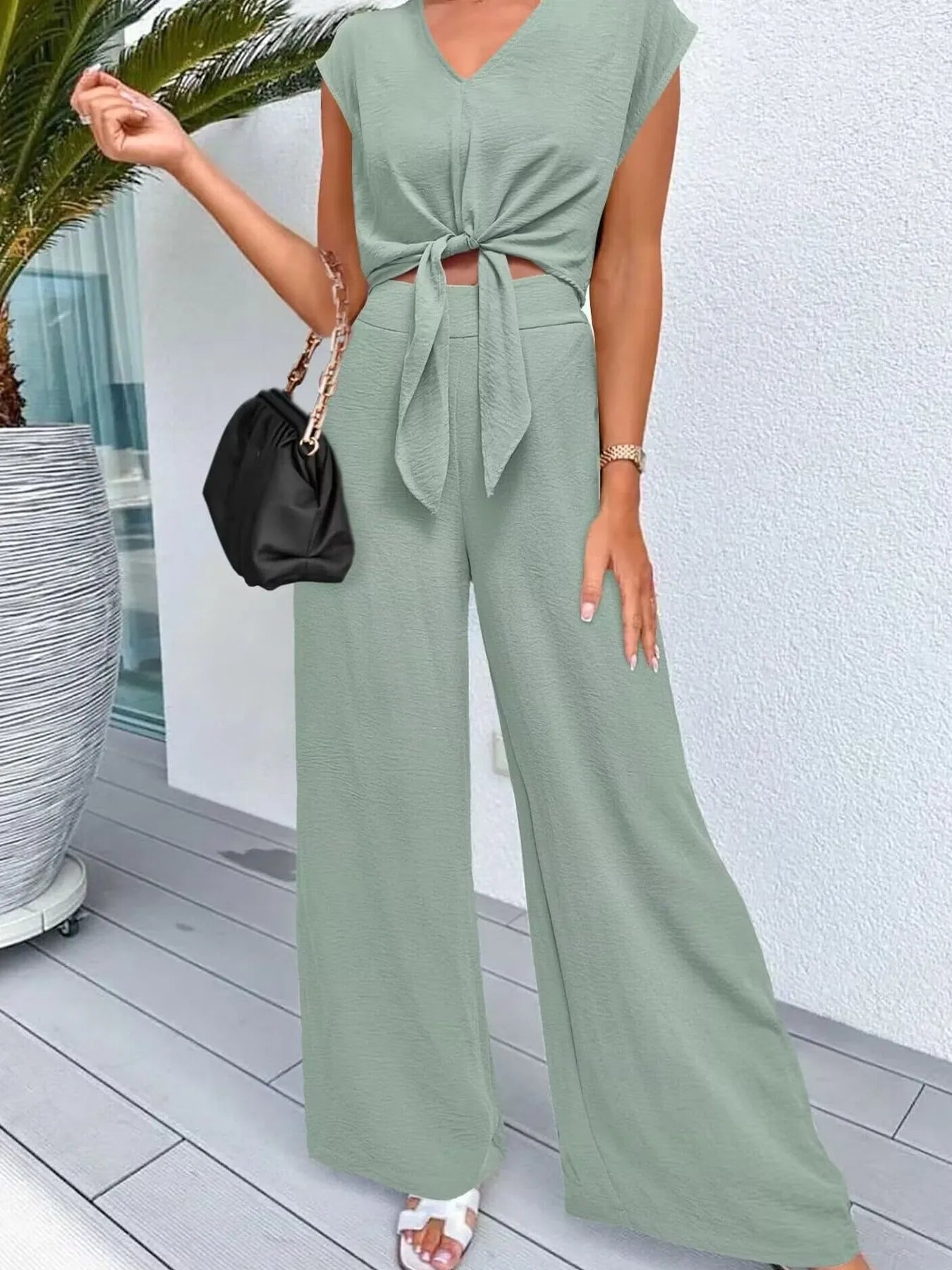 Casually Cool Tie Front Top and Wide Leg Pants Set