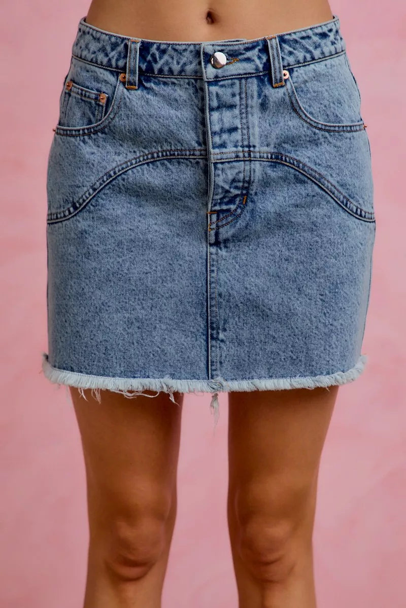 Denim Mini Skirt with Floral Print Pockets