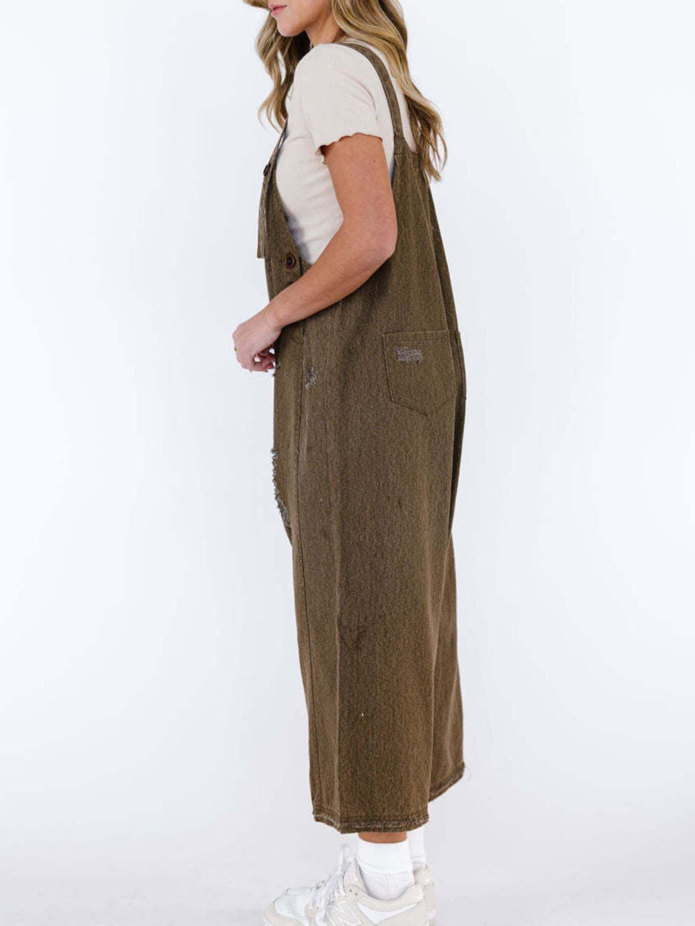 Distressed Wide Leg Denim Overalls - Detail View 14