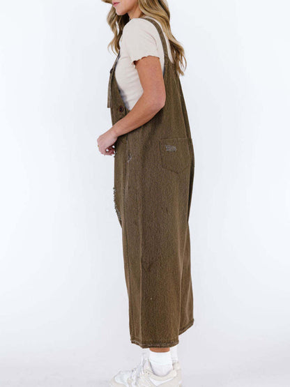 Distressed Wide Leg Denim Overalls - Detail View 14