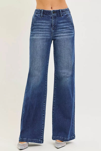 Wide Leg Jeans with Slanted Pockets - Front View