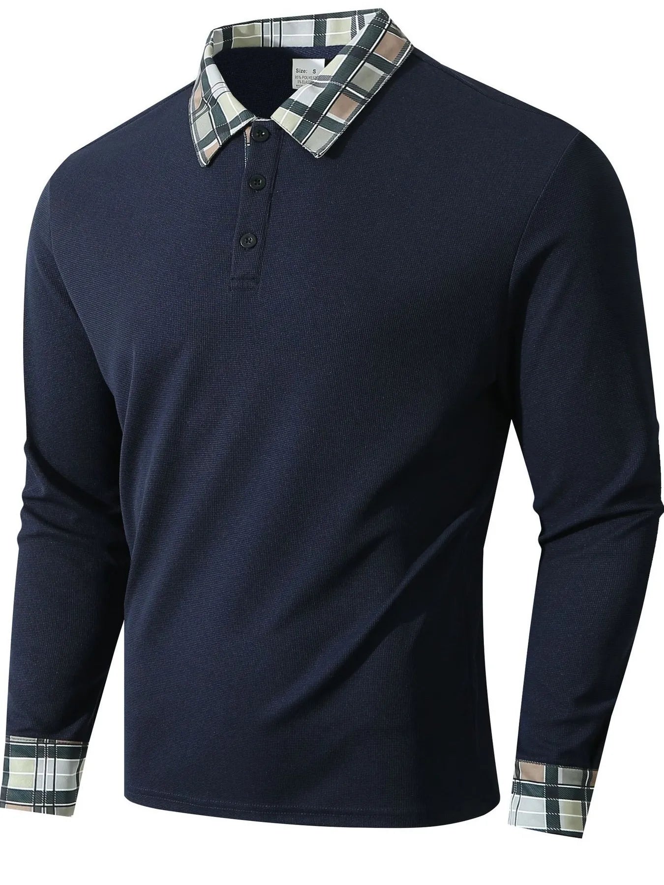 Men's Contrast Plaid Collar Long Sleeve Polo
