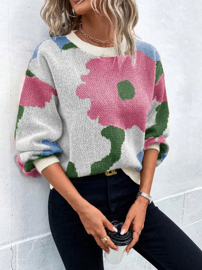 Floral Pattern Round Neck Sweater - Detail View 21