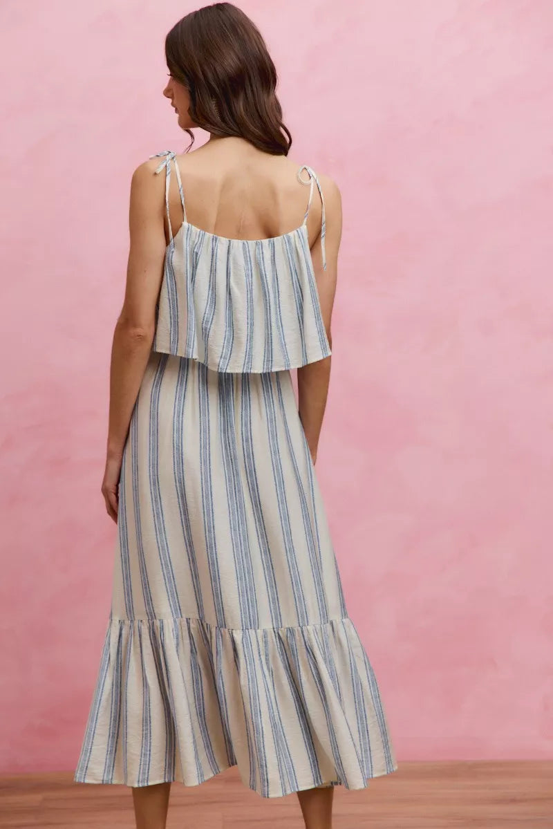 Stripe Shoulder Tie Midi Dress