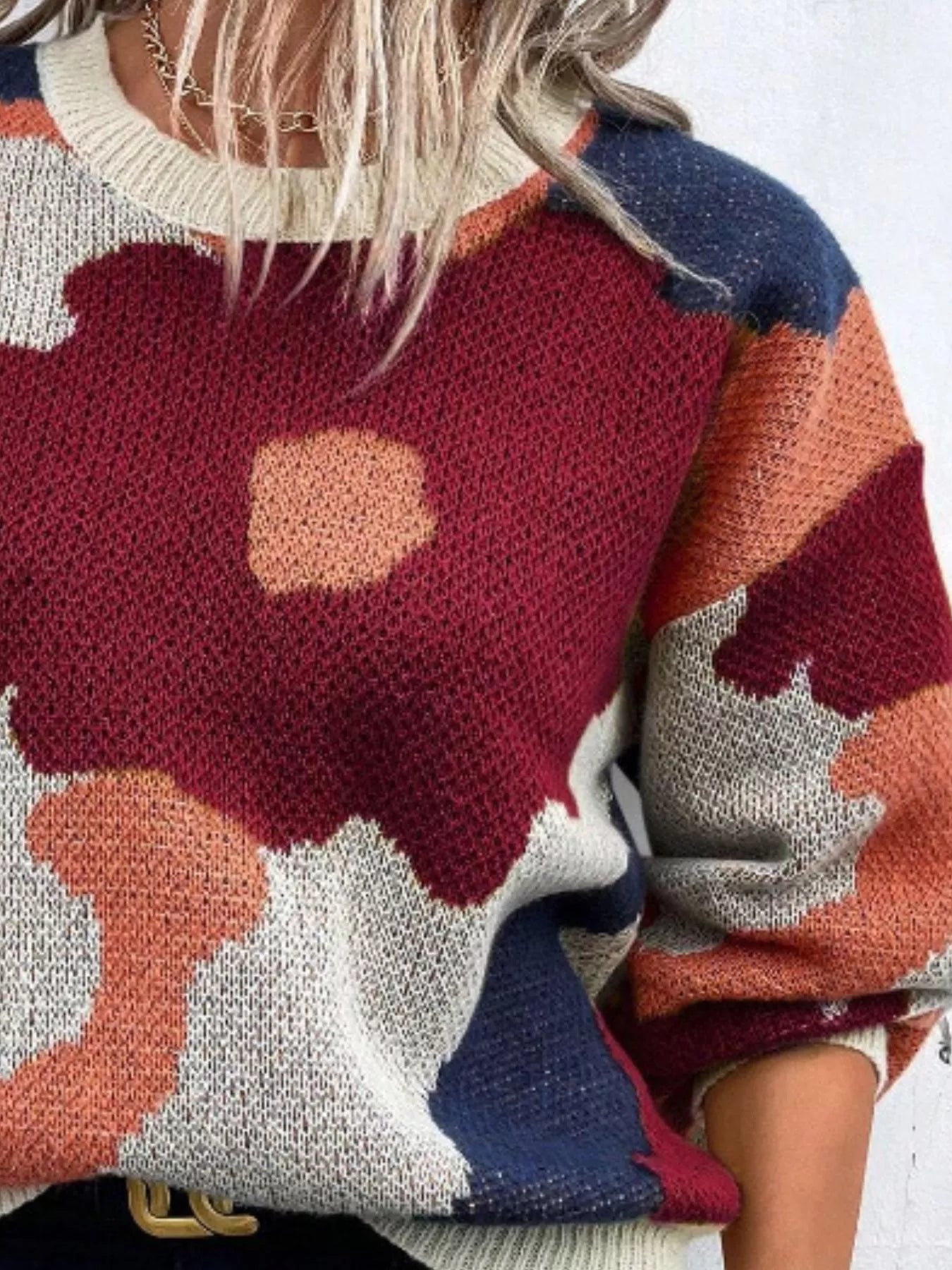 Floral Pattern Round Neck Sweater - Side View
