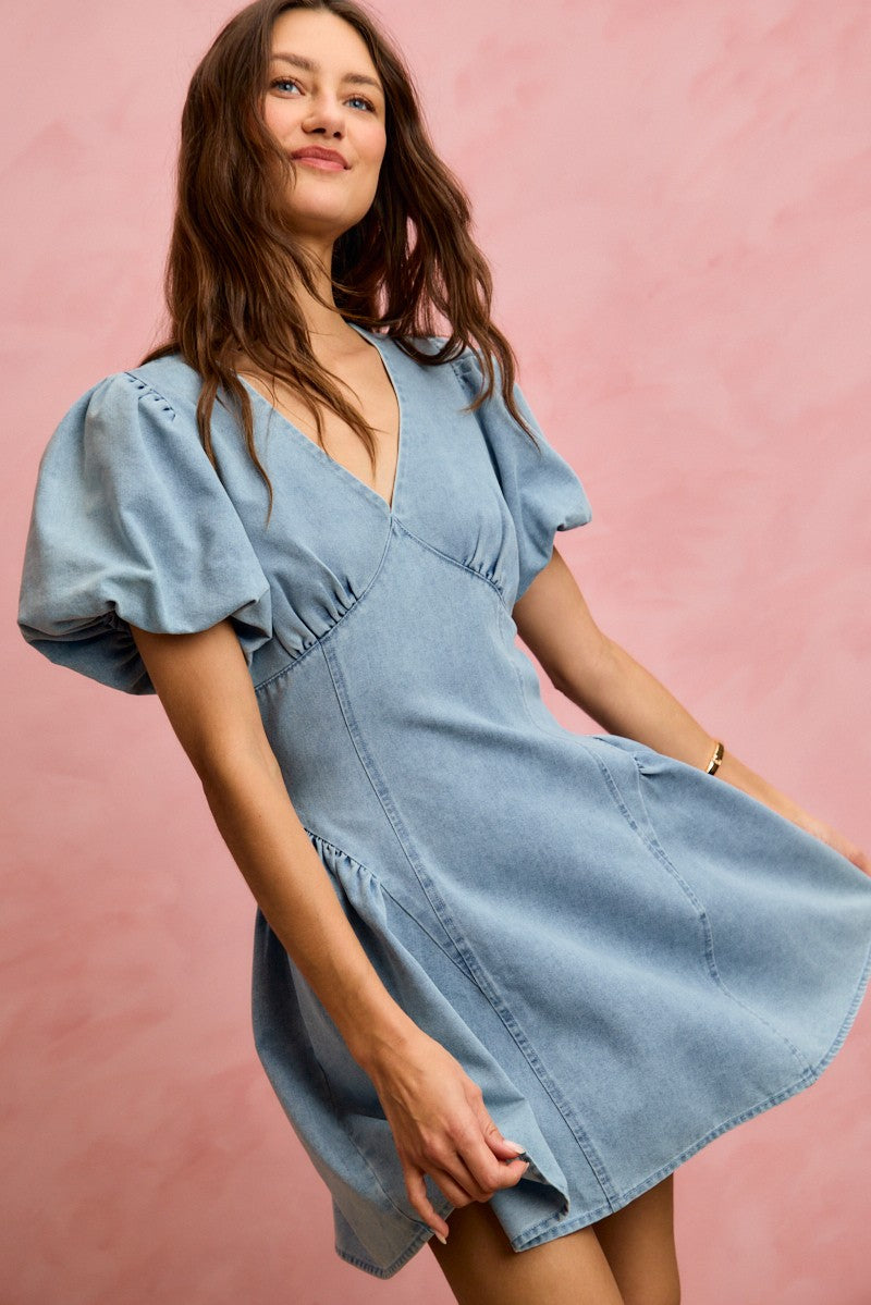 Puff Sleeves Fit-and-Flare Denim Mini Dress