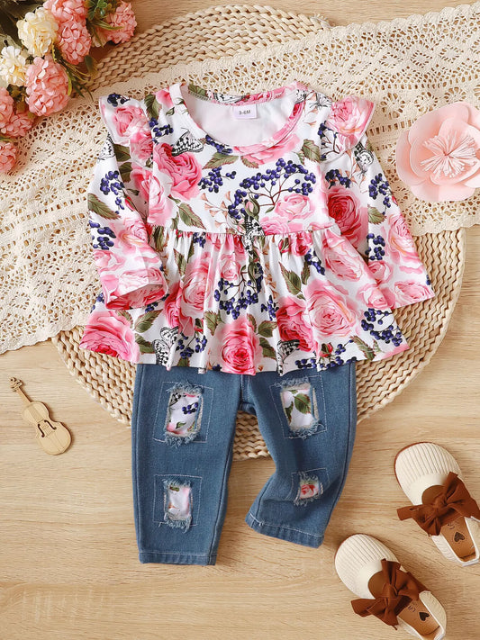 Floral Ruffle Trim Top & Distressed Jeans Set - Back View