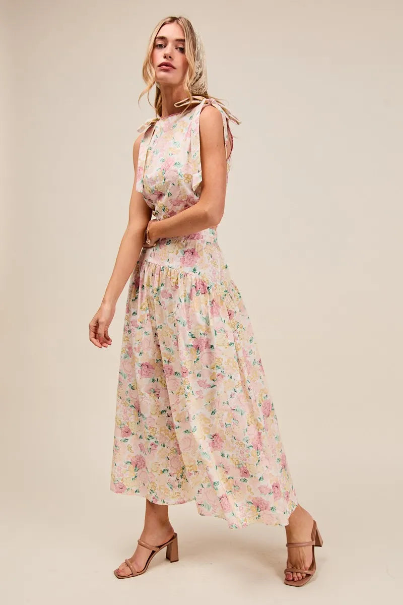 Floral Printed Shoulder Tie Top and Skirt Set