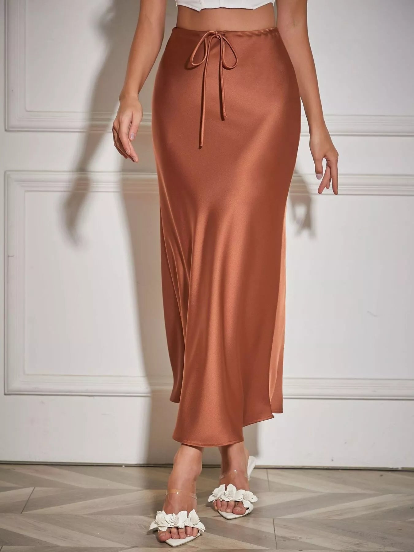 Copper Satin Midi Skirt