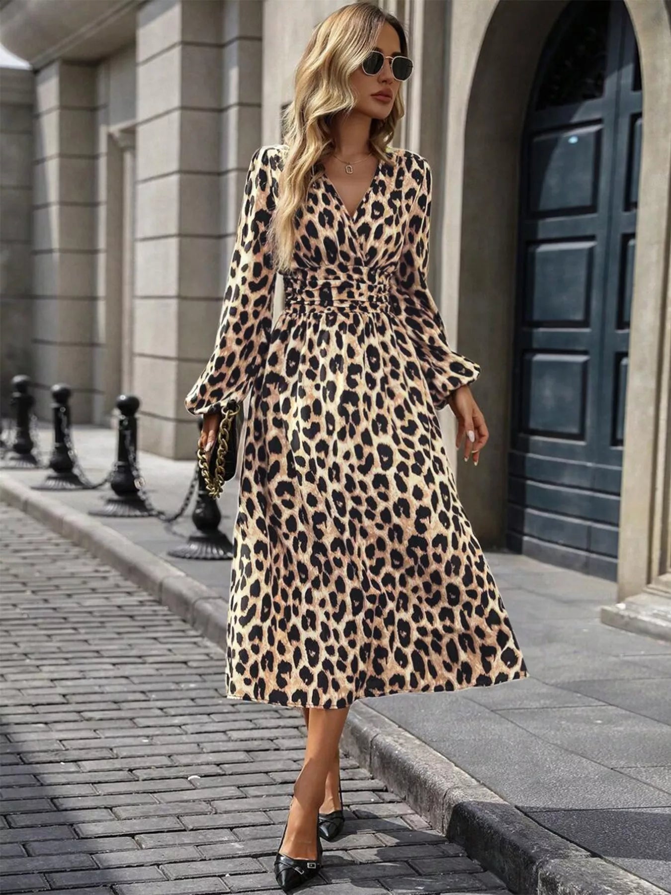 Leopard Print Wrap Midi Dress - Detail View 5