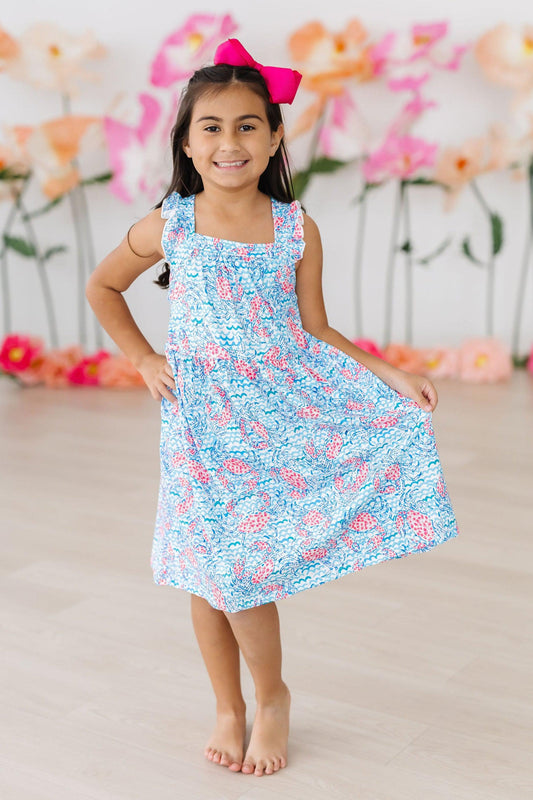 Crab Print Ruffle Cross Back Dress