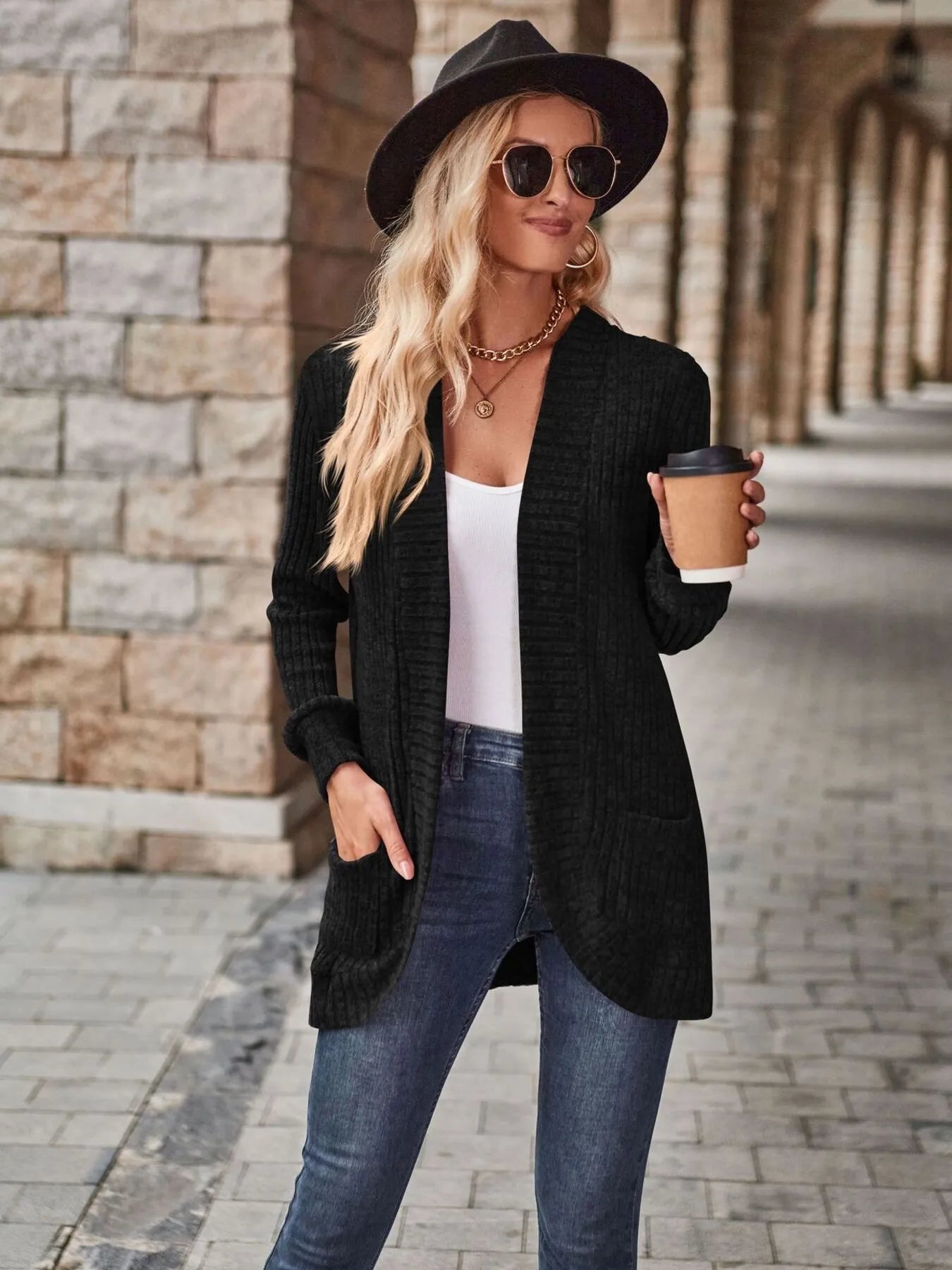 Ribbed Open Front Long Cardigan with Pockets