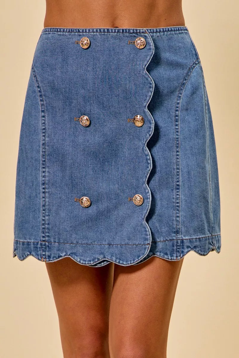 Denim Scalloped Buttoned Front Skirt