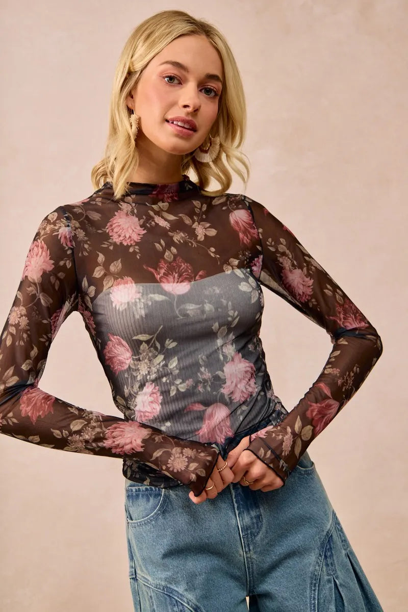 Flower Print Mesh Lace Top