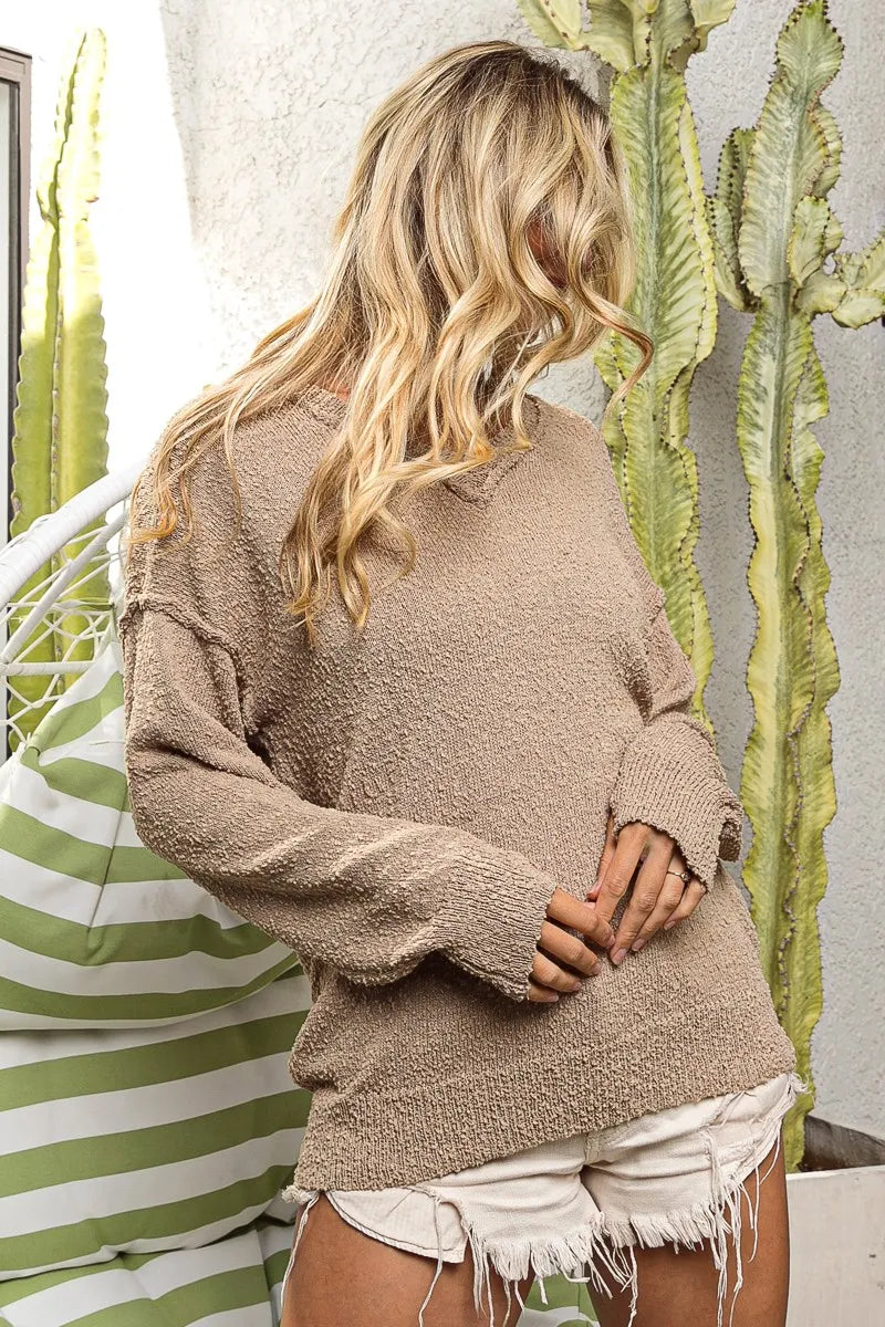 Raw Edged Texture V-neck Sweater