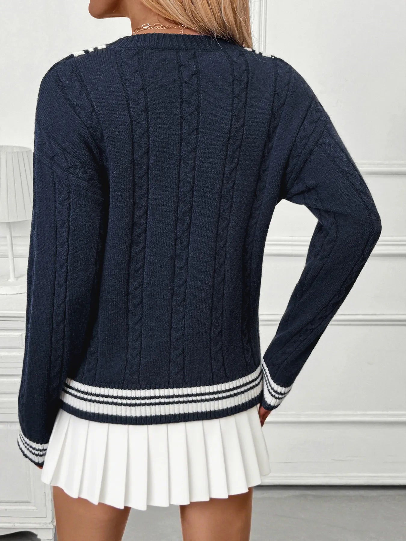 Contrast Cable Knit V-Neck Sweater