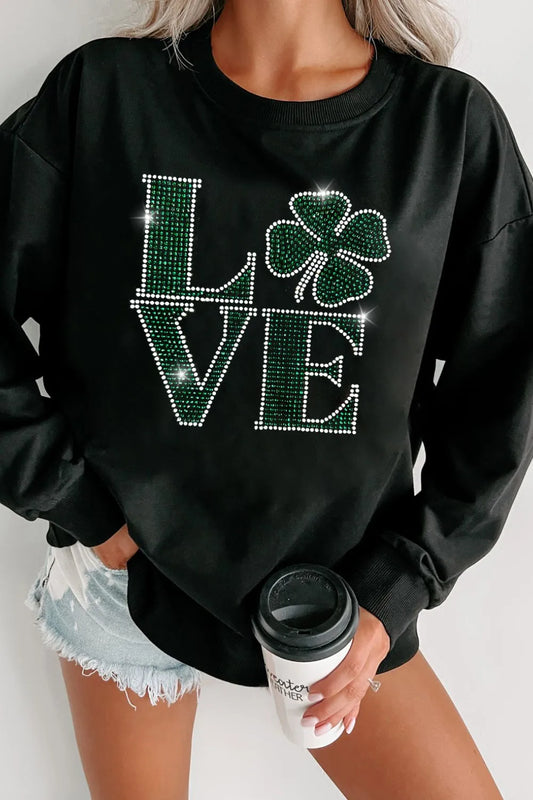 LOVE Rhinestone Clover Round Neck Sweatshirt - Front View