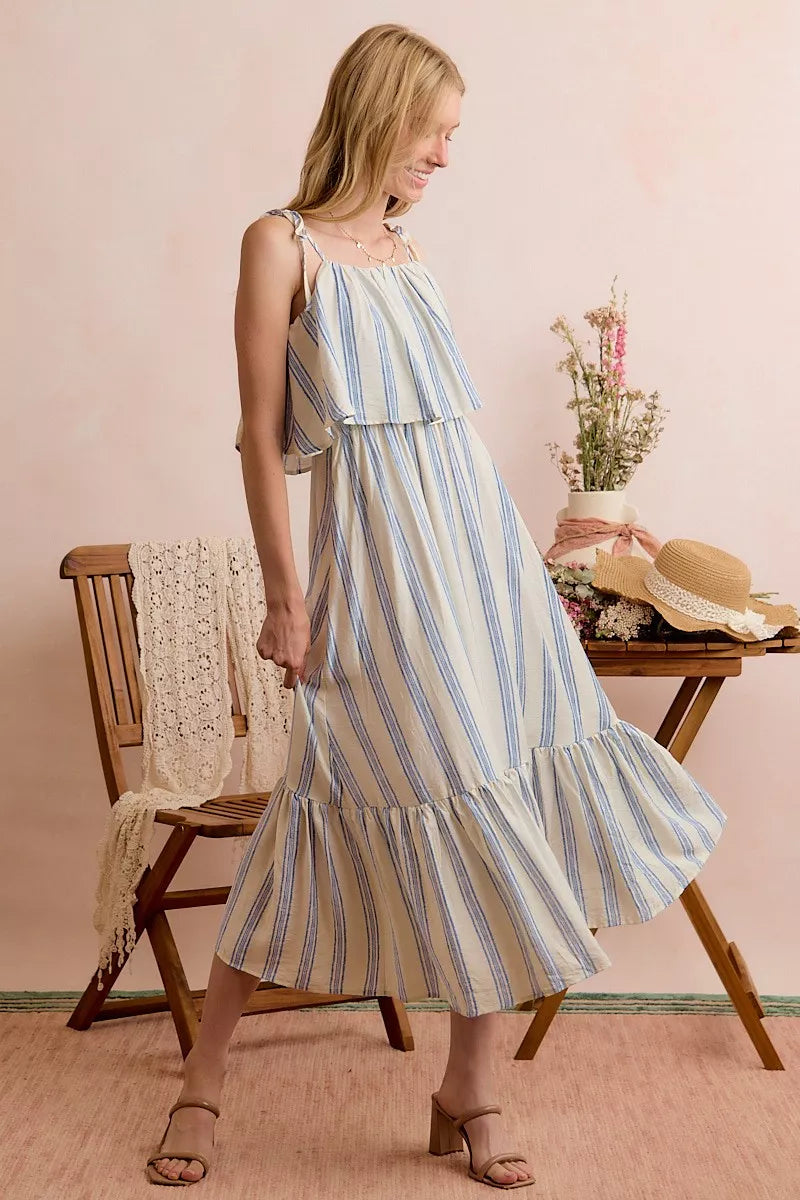 Stripe Shoulder Tie Midi Dress