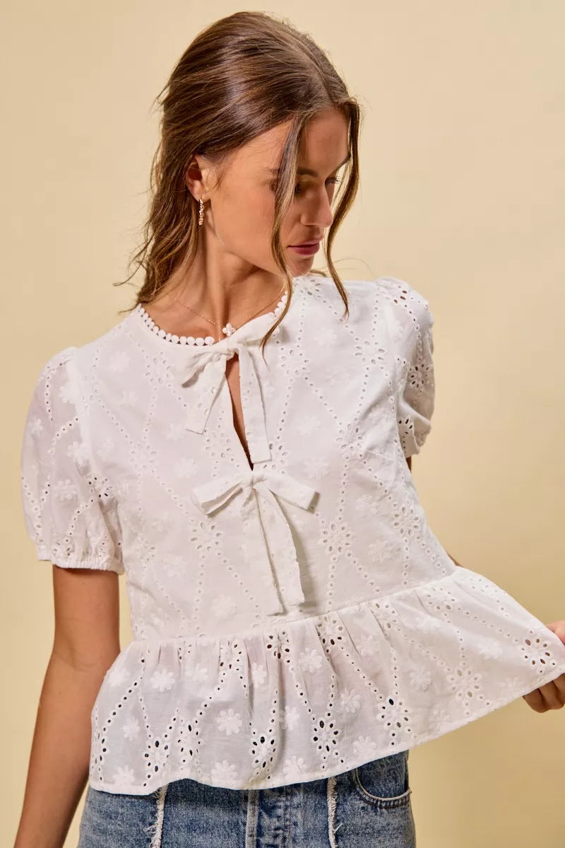 Eyelet Front Tie Blouse