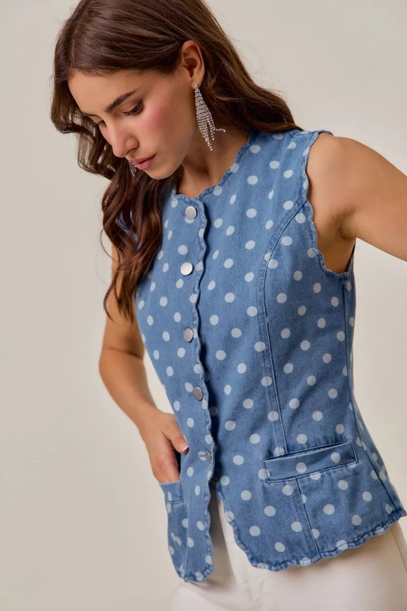 Dotted Denim Scallop Edge Button Down Vest Top