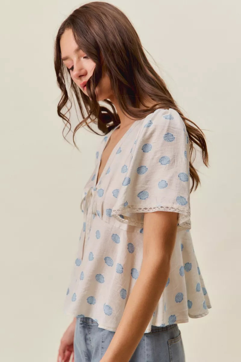 Shell Print Tie-Front Blouse