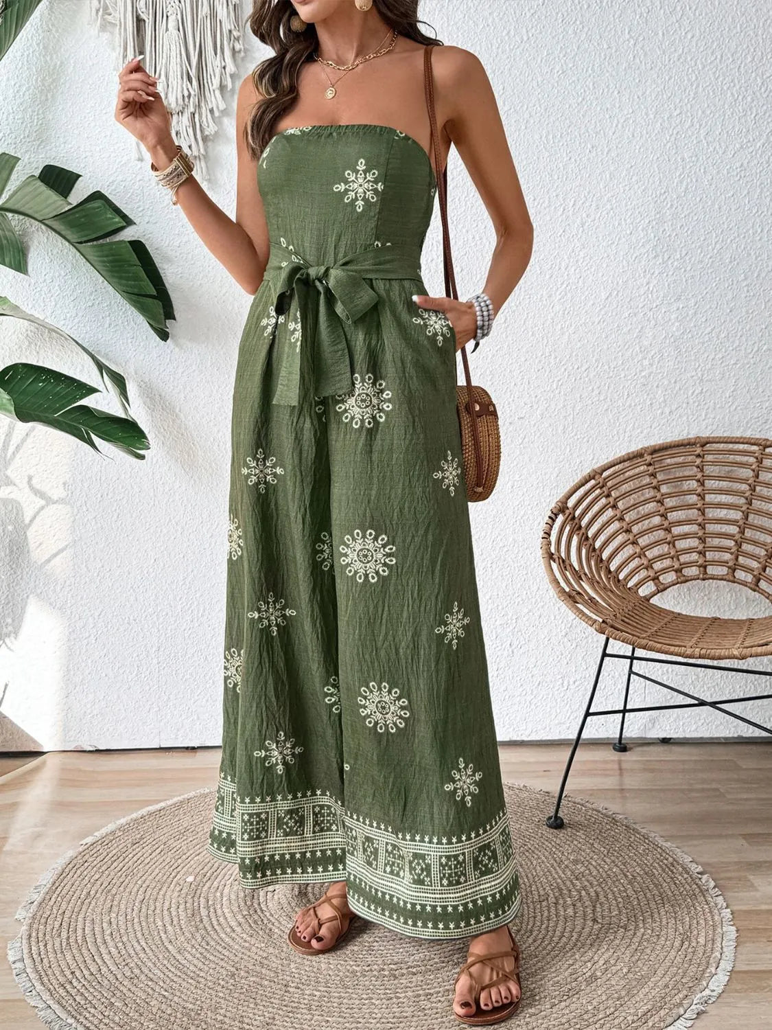 Boho Wide Leg Strapless Jumpsuit