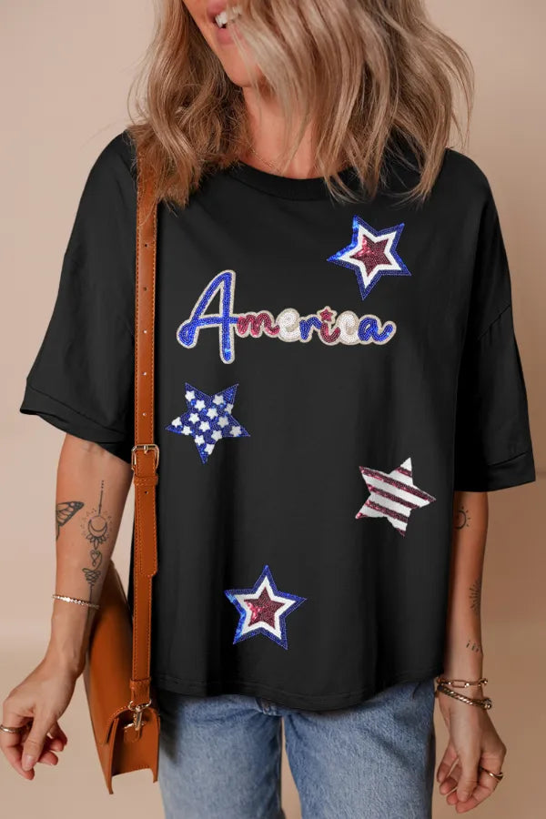 Sequined America Star | Round Neck T Shirt