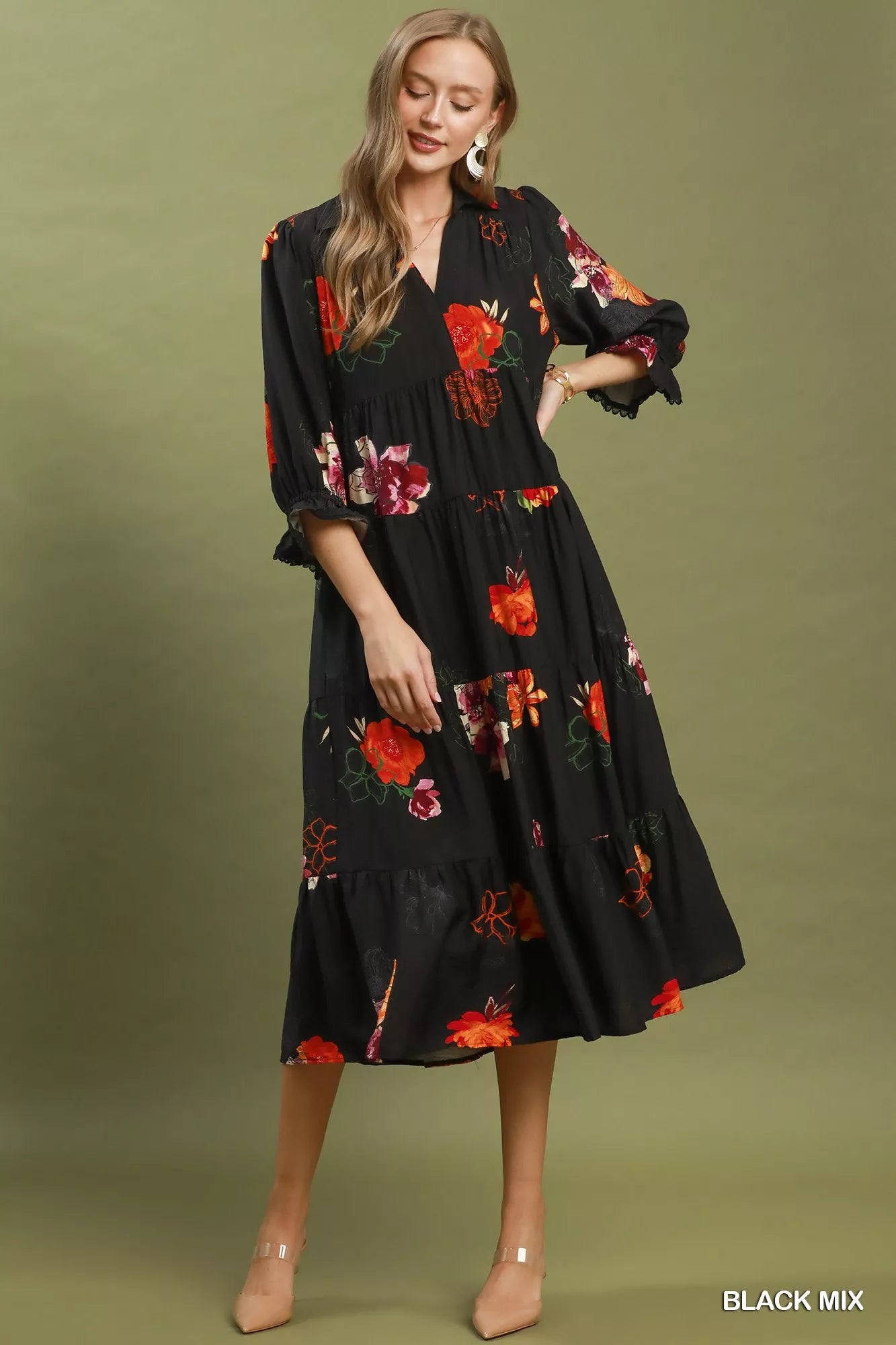 Black Floral Print Tiered Midi Dress