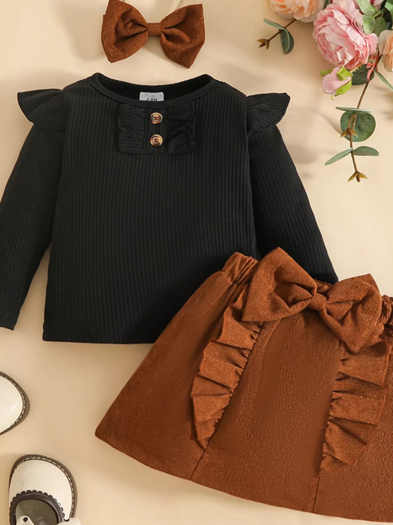 Girls' Flutter Knit Top and Skirt Set with Matching Headband