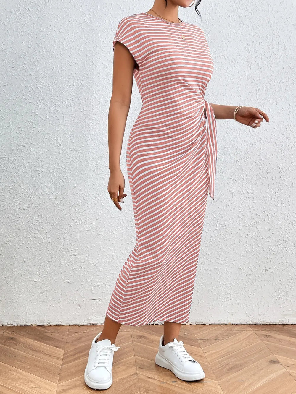 Side Tie Striped T-Shirt Dress
