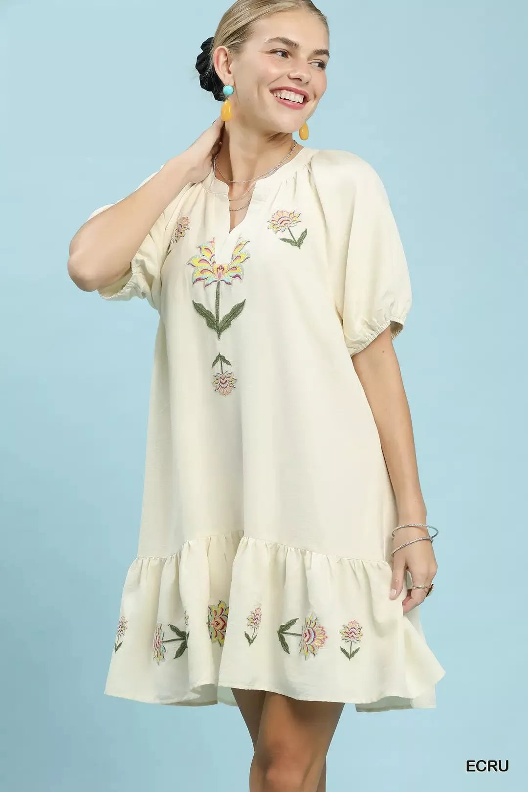 Embroidered Floral Babydoll Dress