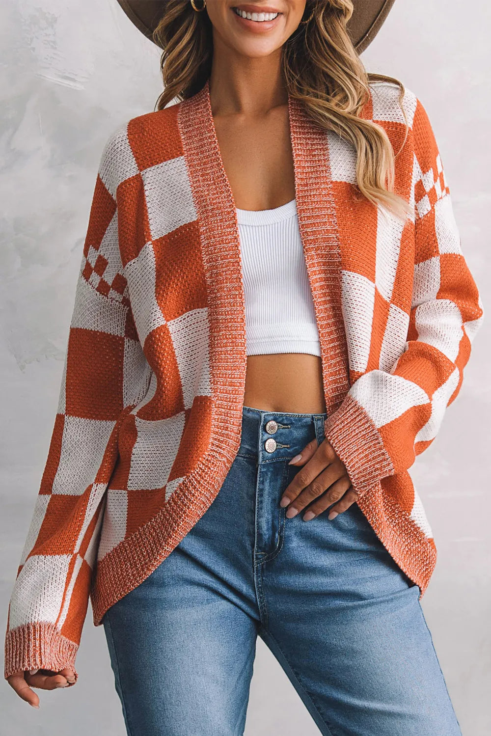 Checkered Open Front Cardigan